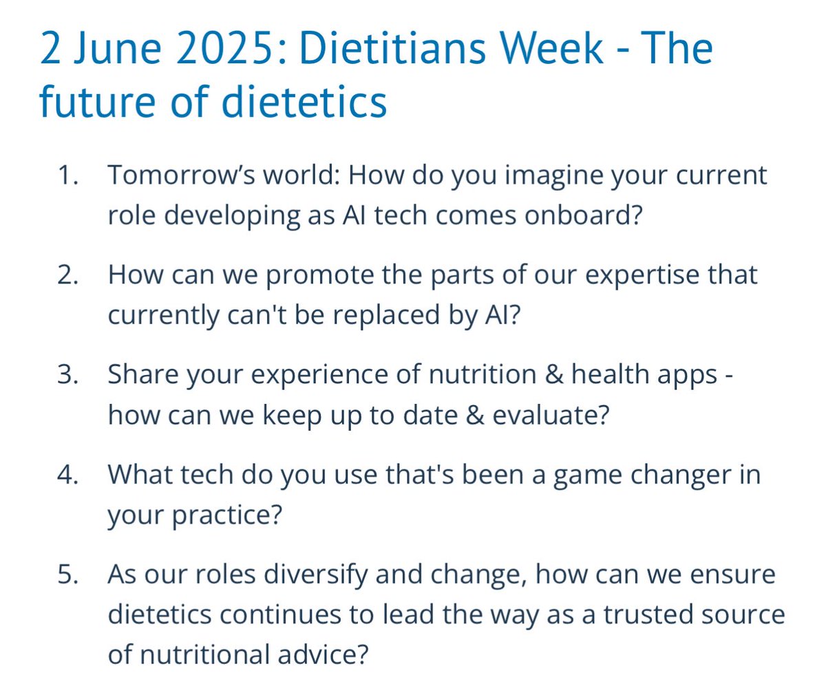rdukchat's tweet photo. 📣 Excited to announce we are joining @BDA_Dietitians for #DW2025 again! Hope you can join us on Monday 2nd June 8-9pm! Monday’s theme is “What’s in your your crystal ball 🔮? ” #RDUK #RD2B @AzminaNutrition @drfrankiep @EmmaCarderRD Qs 🔽 https://t.co/137tub89lV