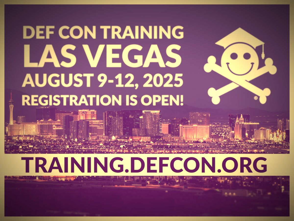 Friendly reminder: Registration is open for #DEFCONTraining Las Vegas 2025! Extend your #DEFCON33 experience by registering for a 2-day or 4-day course with our world-class instructors. Act before May 31 and get a $200 #earlybird discount!

Don’t miss out - reserve your spot