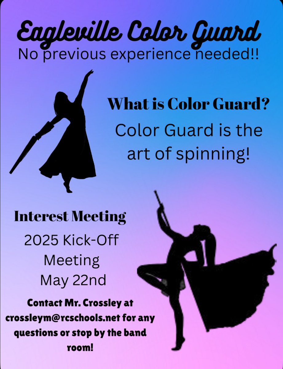 Want to be part of a great team? The Eagleville Marching Band is looking for new color guard members! See Mr. C in the band room for info!
