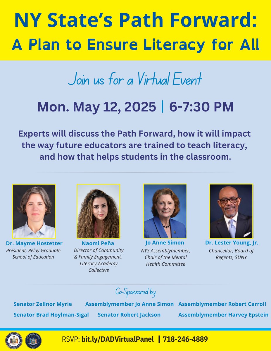 Jo Anne Simon 文雅麗 🟧 (@joannesimonbk52) on Twitter photo As part of Dyslexia Advocacy Day, please join me & my fellow panelists for a virtual event to learn about a new statewide literacy initiative, The Path Forward, and how it will positively impact your child in the classroom.
📅 Monday, May 12 at 6PM
RSVP: bit.ly/DADVirtualPanel As part of Dyslexia Advocacy Day, please join me & my fellow panelists for a virtual event to learn about a new statewide literacy initiative, The Path Forward, and how it will positively impact your child in the classroom.
📅 Monday, May 12 at 6PM
RSVP: bit.ly/DADVirtualPanel
