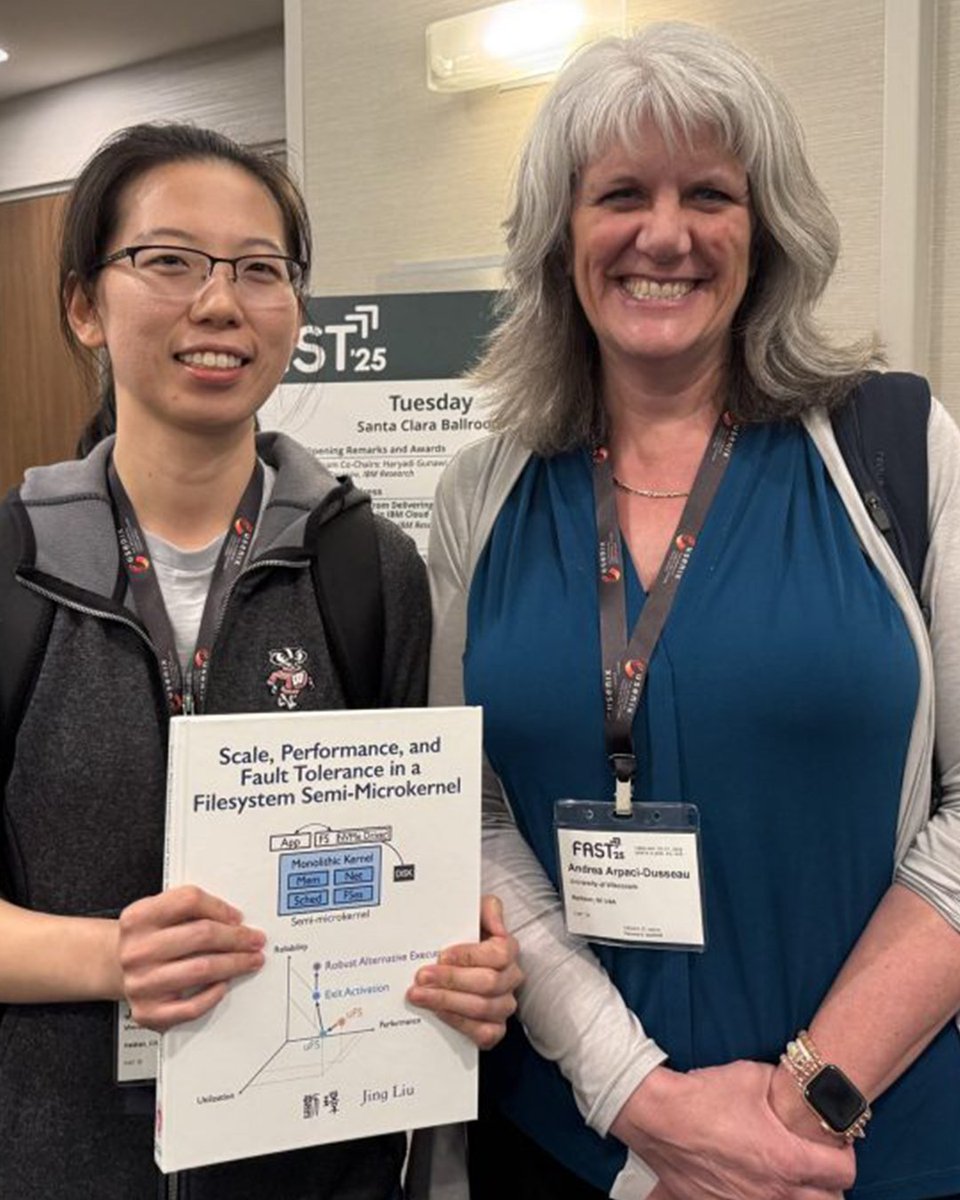 UW–Madison Computer Sciences (@wisconsincs) on Twitter photo Alumna Jing Liu PhD’24, grad student Yifan Dai PhDx’25, Professor Andrea Arpaci-Dusseau, and <a href="/uwcdis/">UW School of Computer, Data & Information Sciences</a> Director Remzi Arpaci-Dusseau won the Best Paper Award at <a href="/usenix/">USENIX Association</a> 2025 for “Fast, Transparent Filesystem Microkernel Recovery with Ananke.”
Learn more:
cs.wisc.edu/2025/03/31/alu… Alumna Jing Liu PhD’24, grad student Yifan Dai PhDx’25, Professor Andrea Arpaci-Dusseau, and <a href="/uwcdis/">UW School of Computer, Data & Information Sciences</a> Director Remzi Arpaci-Dusseau won the Best Paper Award at <a href="/usenix/">USENIX Association</a> 2025 for “Fast, Transparent Filesystem Microkernel Recovery with Ananke.”
Learn more:
cs.wisc.edu/2025/03/31/alu…