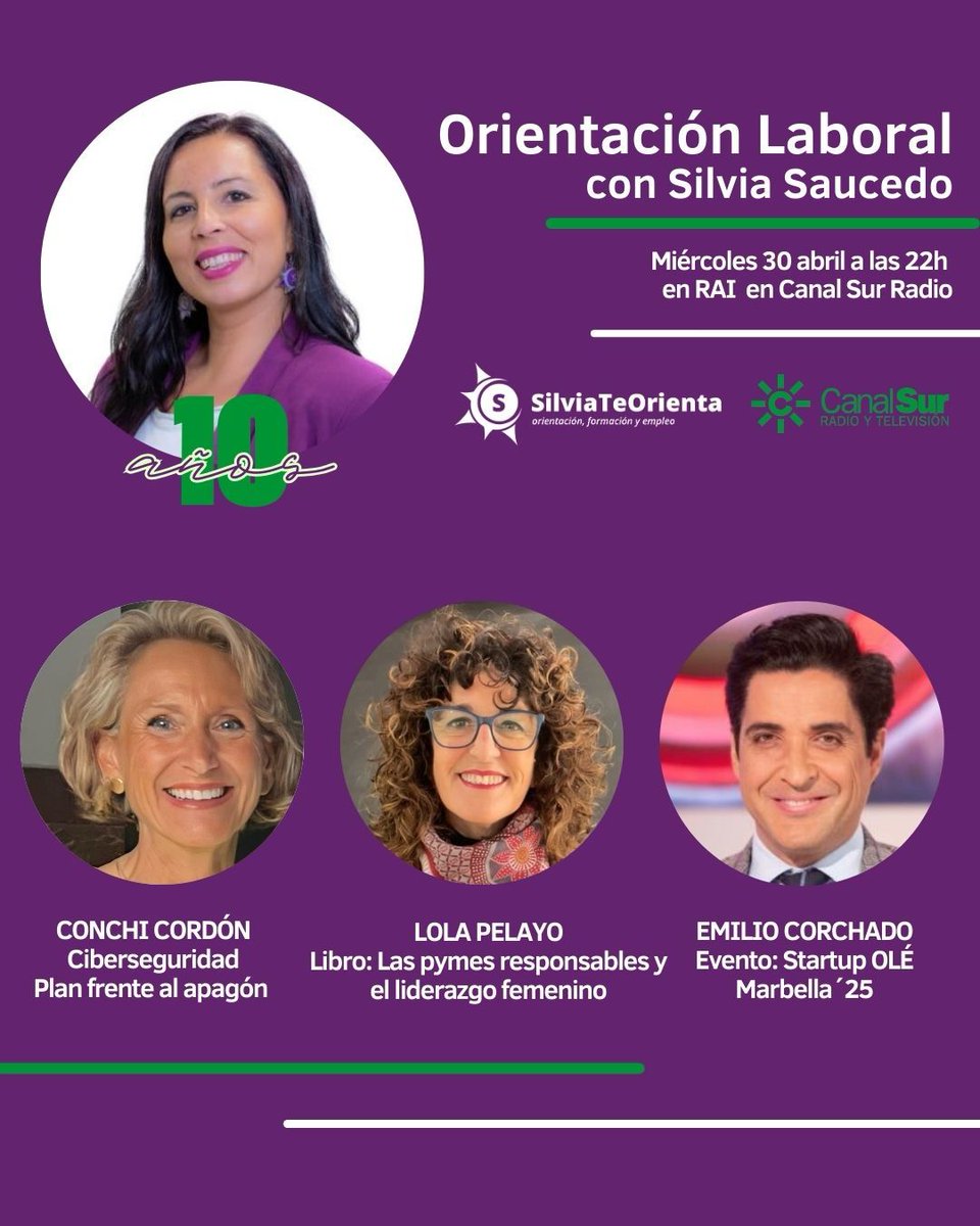 Orientación Laboral en Radio Andalucía Información (@orientacion_csr) on Twitter photo Podcast de #OrientaciónLaboral de #SilviaTeorienta con <a href="/SaucedoSilv/">Silvia Saucedo</a>
🟣 <a href="/KonchiCordon/">Concepción Cordón Fuentes</a> #cibeseguridad Plan frente al apagón
🟣 Lola Pelayo #librorecomendado Las pymes responsables y el liderazgo femenino
🟣 <a href="/escorchado11/">Emilio Corchado</a> #evento Startup OLÉ Marbella'25
canalsur.es/radio/programa… Podcast de #OrientaciónLaboral de #SilviaTeorienta con <a href="/SaucedoSilv/">Silvia Saucedo</a>
🟣 <a href="/KonchiCordon/">Concepción Cordón Fuentes</a> #cibeseguridad Plan frente al apagón
🟣 Lola Pelayo #librorecomendado Las pymes responsables y el liderazgo femenino
🟣 <a href="/escorchado11/">Emilio Corchado</a> #evento Startup OLÉ Marbella'25
canalsur.es/radio/programa…