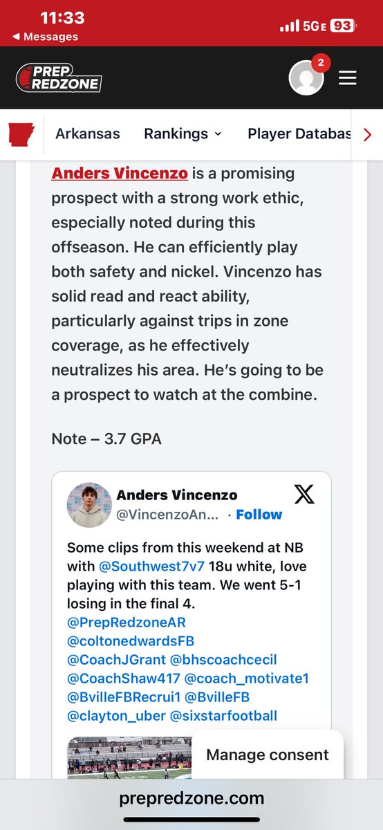 Anders Vincenzo (@vincenzoan82737) on Twitter photo Thank you for another write up <a href="/coltonedwardsFB/">Colton Edwards</a>. Iβm excited to showcase my skills at the Prep Redzone combine May 18 in Little Rock.
<a href="/PrepRedzoneAR/">Prep Redzone Arkansas</a> <a href="/BvilleFB/">Bentonville Football</a> <a href="/BvilleFBRecrui1/">BENTONVILLE TIGER π Recruiting</a> <a href="/CoachJGrant/">Jody Grant</a> <a href="/bhscoachcecil/">Jared Cecil</a> <a href="/CoachColum/">Donteβ Colum</a> <a href="/Coach_TPearson/">Thomas Pearson</a> <a href="/CoachJamesRowe/">James Rowe III</a> <a href="/CoachWalk731/">Jake Walker</a> <a href="/Jake_Willrich/">Coach Willrich</a> Thank you for another write up <a href="/coltonedwardsFB/">Colton Edwards</a>. Iβm excited to showcase my skills at the Prep Redzone combine May 18 in Little Rock.
<a href="/PrepRedzoneAR/">Prep Redzone Arkansas</a> <a href="/BvilleFB/">Bentonville Football</a> <a href="/BvilleFBRecrui1/">BENTONVILLE TIGER π Recruiting</a> <a href="/CoachJGrant/">Jody Grant</a> <a href="/bhscoachcecil/">Jared Cecil</a> <a href="/CoachColum/">Donteβ Colum</a> <a href="/Coach_TPearson/">Thomas Pearson</a> <a href="/CoachJamesRowe/">James Rowe III</a> <a href="/CoachWalk731/">Jake Walker</a> <a href="/Jake_Willrich/">Coach Willrich</a>