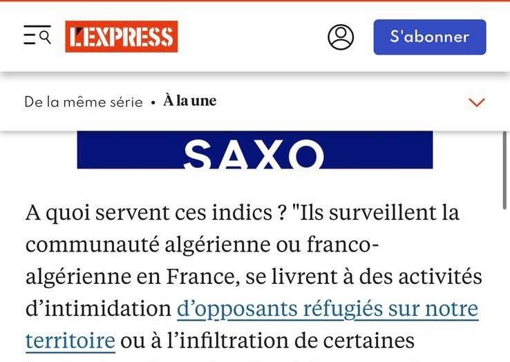 و تقول الجريدة الأسبوعية المختصة في التحقيقات l’express 
ان المدعو "م.س" الذي يشغل منصباً مهماً في حركة “رشاد” بفرنسا ، لكن في الواقع منذ عام 2016 و هو في علاقات مع عناصر من جهاز المخابرات الجزائرية و يزوّدهم بمعلومات استخباراتية”  على معارضين جزائريين.
هذا ما كنت قد قلته من قبل