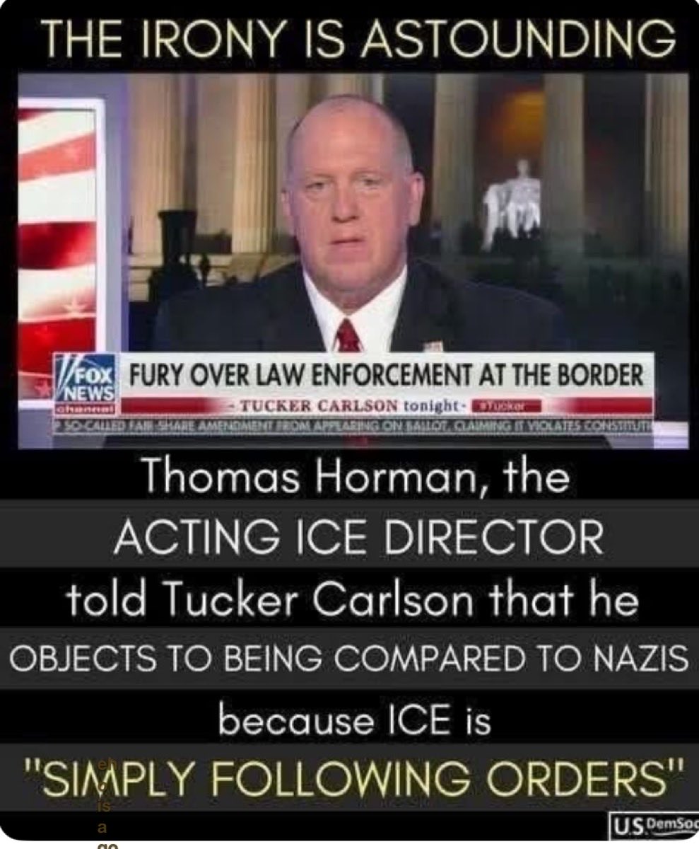 #wtpBLUE                     #wtpBlueResists 
#DemVoice1 

Can you see the Irony in Thomas Holden when asked about why they are shipping out immigrants without Due Process to stated;
“ Simply Following Orders”

I am old enough to remember all the Nazis being prosecuted at the