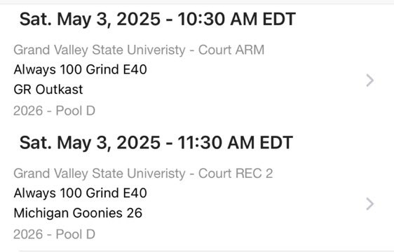 Here is my schedule for this weekend at Michigan's Main Event tournament!
<a href="/vjhAlways100/">Always 100</a> <a href="/CoachChrisPaul/">CP</a> <a href="/LNGB_Coach/">Coach Stephen Thomas</a>