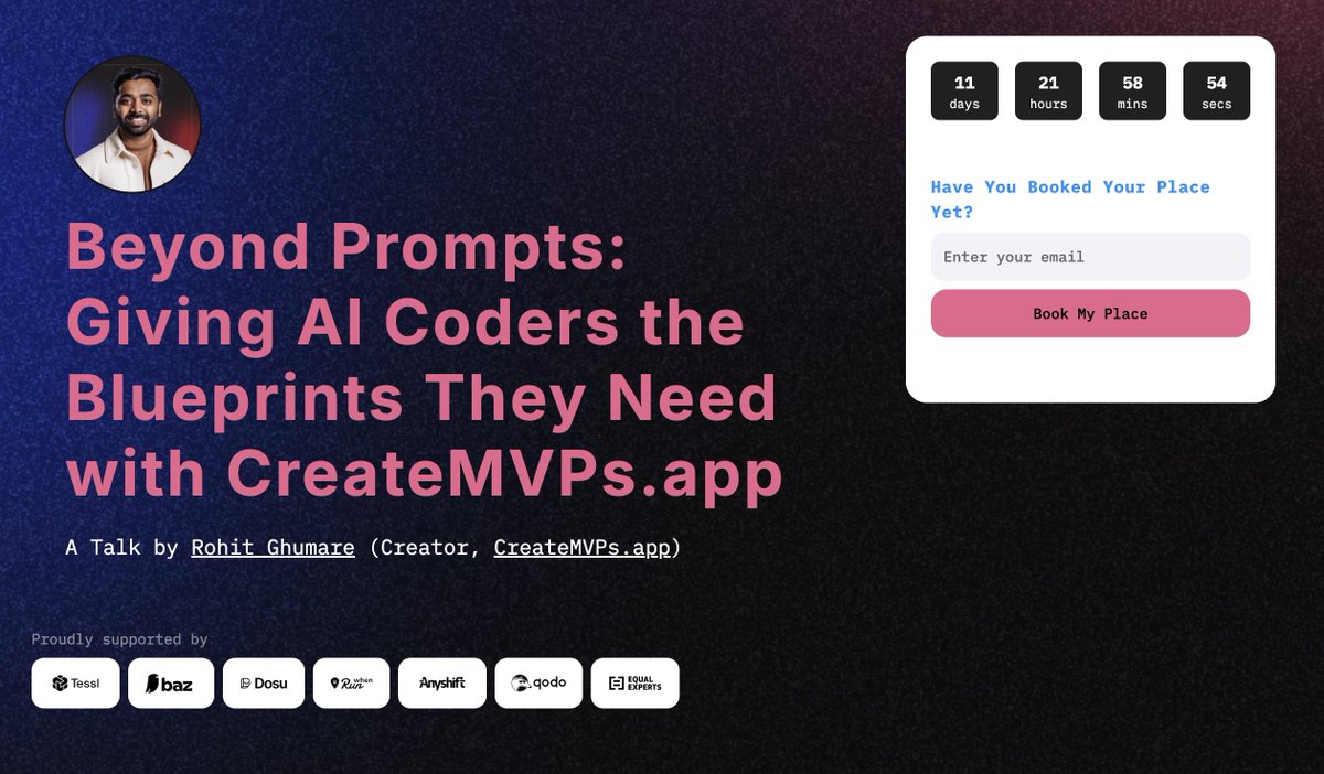 Beyond Prompts: Giving AI Coders the Blueprints They Need with CreateMVPs.app !!

Presenting In and Out of how to create MVPs at the first-ever #AINativeDevCon 🤖

Register here: ai-native-devcon-2025.heysummit.com/talks/beyond-p…