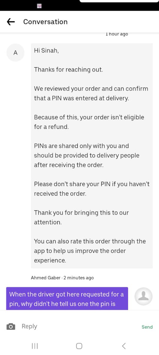 SinahMolefe's tweet photo. @Uber_Support As you can see for yourself this is the response I got on the app, no order received and no refund I will get! And the driver requested for a pin and told us to cancel online 🤷 https://t.co/NLOR57ct3H