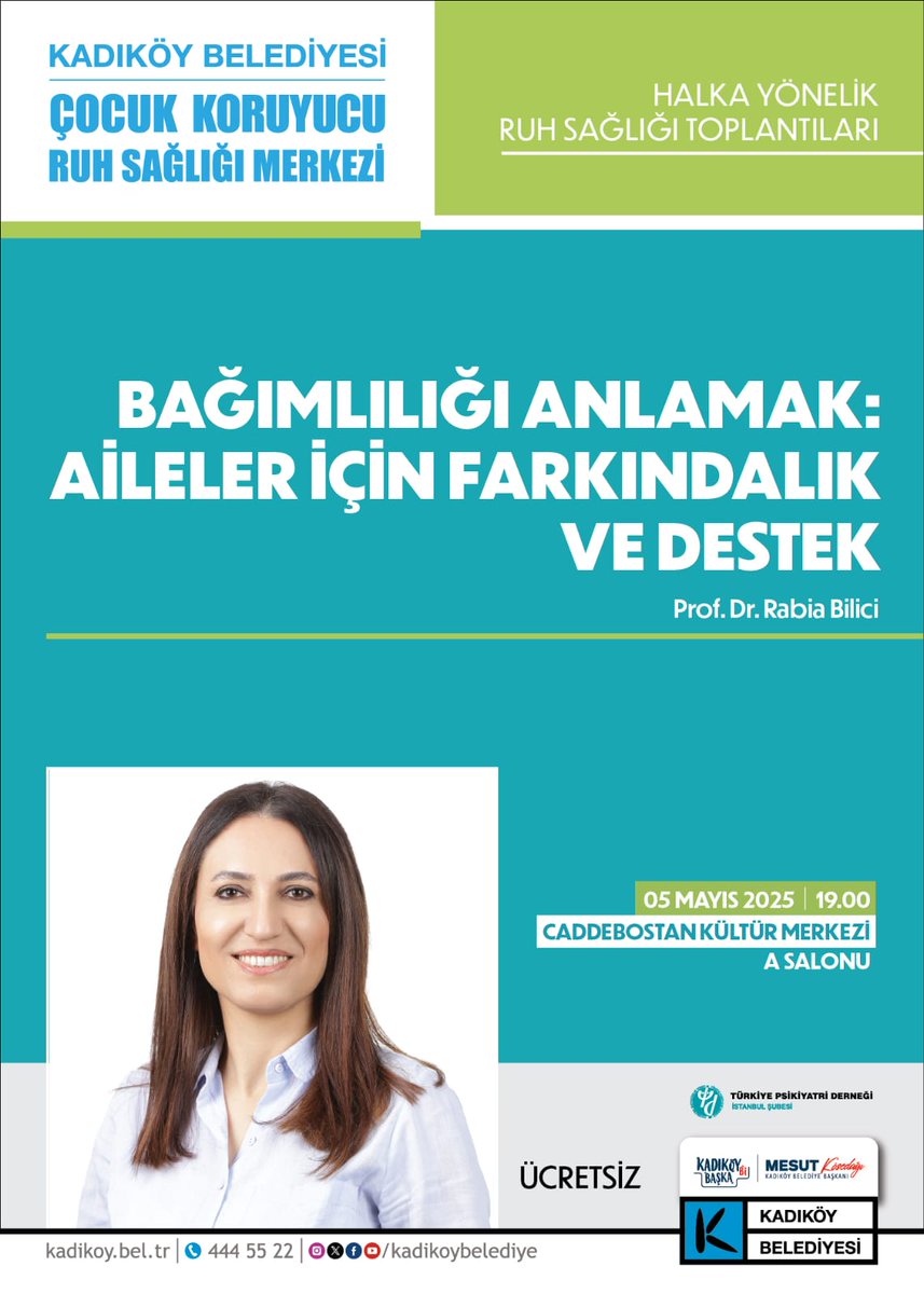 Caddebostan Kültür Merkezi'nde toplantılarımıza devam ediyoruz! 5 Mayıs günü 19.00'da "Bağımlılığı Anlamak: Aileler için Farkındalık ve Destek" başlığını Prof. Dr. Rabia Bilici ile konuşacağız. Herkesi beraber tartışmaya bekliyoruz.