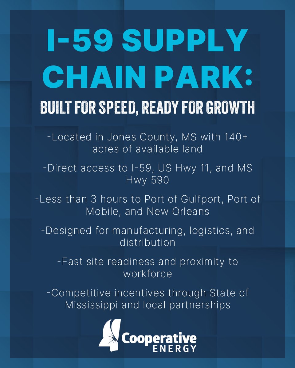 Strategically located in Jones County along a major logistics corridor, the I-59 Supply Chain Park is built for speed, scale, and accessibility. With 140+ acres of ready-to-build industrial land, proximity to interstates, rail, and airports, and reliable power from Cooperative