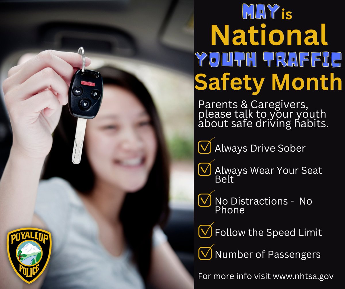 May is National Youth Traffic Safety Month. Parents and caregivers, it’s crucial to have a conversation as well as establish rules regarding safe driving for your youth. Check out these safety tips and visit nhtsa.gov/road-safety/te… for stats and more info.