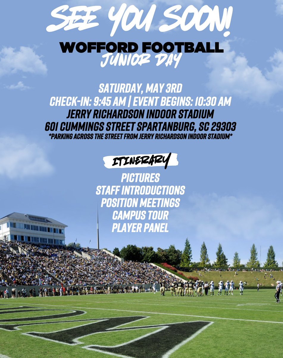 Fionn Day (@fionndayy) on Twitter photo Excited to be at Wofford Saturday for their Junior Day!!!
<a href="/bhernyscoutguy/">Brian Herny</a> <a href="/SmeltzerKarl/">Karl Smeltzer</a> <a href="/Price13Steve/">Steve Price</a> <a href="/Coachduverge/">Carvin Duverge</a> <a href="/PVSharksFB/">Ponte Vedra Football</a> Excited to be at Wofford Saturday for their Junior Day!!!
<a href="/bhernyscoutguy/">Brian Herny</a> <a href="/SmeltzerKarl/">Karl Smeltzer</a> <a href="/Price13Steve/">Steve Price</a> <a href="/Coachduverge/">Carvin Duverge</a> <a href="/PVSharksFB/">Ponte Vedra Football</a>