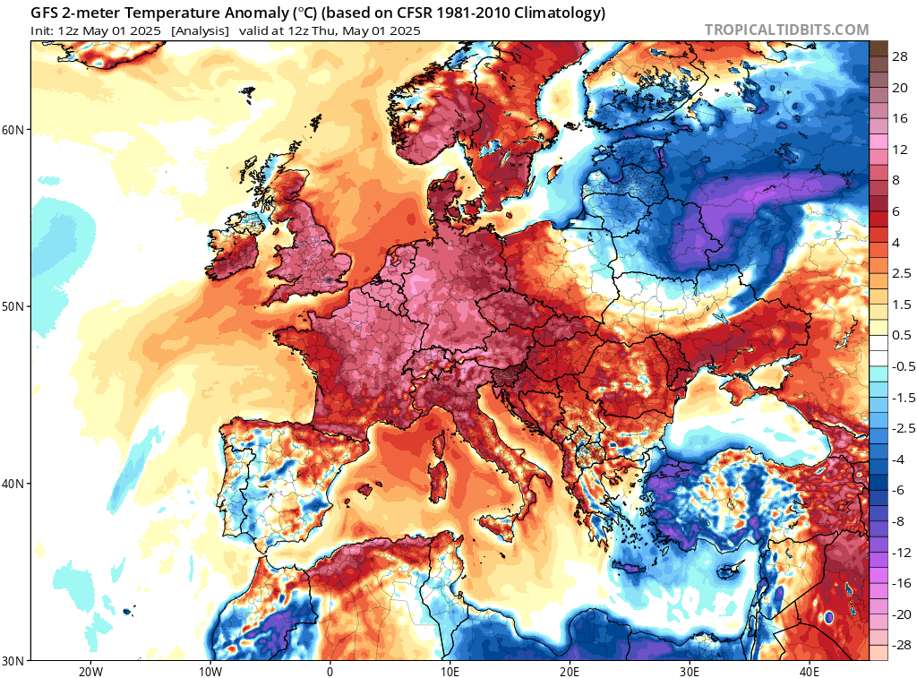 Exceptional warmth in NW Europe
Almost 30C in Germany and Netherlands.
31.1C in France.
Despite being May 1st, temperatures are locally at record levels for May !

28.2 Nielle France
27.6 Brize Norton UK  Hottest May day since 1953 !
