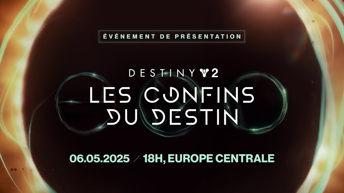 Rejoignez-nous le mardi 6 mai à 18 h (Europe centrale) pour découvrir Les Confins du Destin et l'année à venir dans Destiny 2.  

💜 twitch.tv/bungie   
❤️ youtube.com/@destinythegam…  
🖤 tiktok.com/@Destinythegame