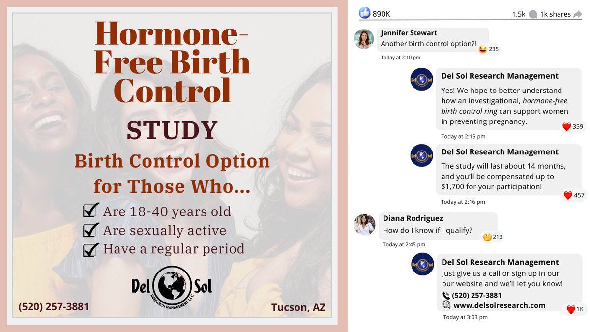 whatsuptucson's tweet image. Hormone Free Birth Control Study!
Get compensated up to $1700 if you qualify. 

Call 520-257-3881 or click the link below for more: 
delsolresearch.com/studies/#!/stu…

@DelSolResearch #paidtrials #freebirthcontrol

Ad