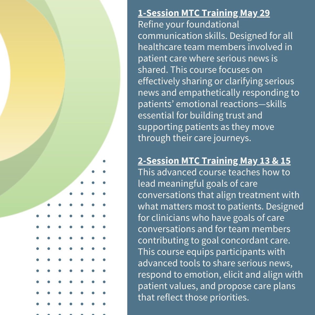 Limited-time offer - save on our May Mastering Tough Conversations courses! Both 1-session and 2-session trainings are included, with discounts automatically applied at checkout. Register now before spots fill up! chooseyourpath.vitaltalk.org/mastering-toug…