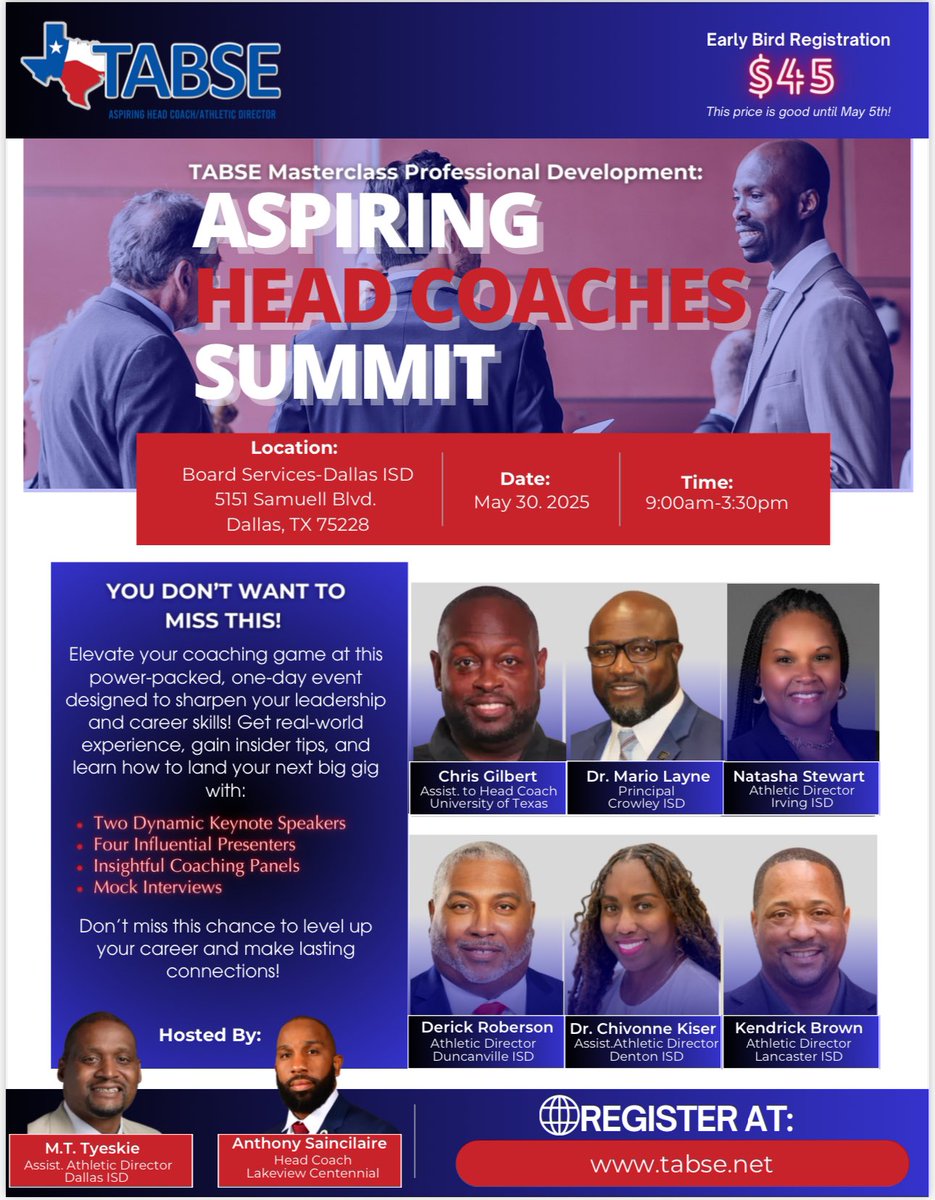 Coach Ant Saincilaire (@saincilaire) on Twitter photo The <a href="/TABSE_Texas/">TABSE_Texas</a> Masterclass Professional Development: Aspiring Head Coaches Summit is less than a month away! Donโt miss your chance to grow, connect, and learn from some of the best Athletic Directors in the game. Early bird registration ends Monday, May 5th! The <a href="/TABSE_Texas/">TABSE_Texas</a> Masterclass Professional Development: Aspiring Head Coaches Summit is less than a month away! Donโt miss your chance to grow, connect, and learn from some of the best Athletic Directors in the game. Early bird registration ends Monday, May 5th!