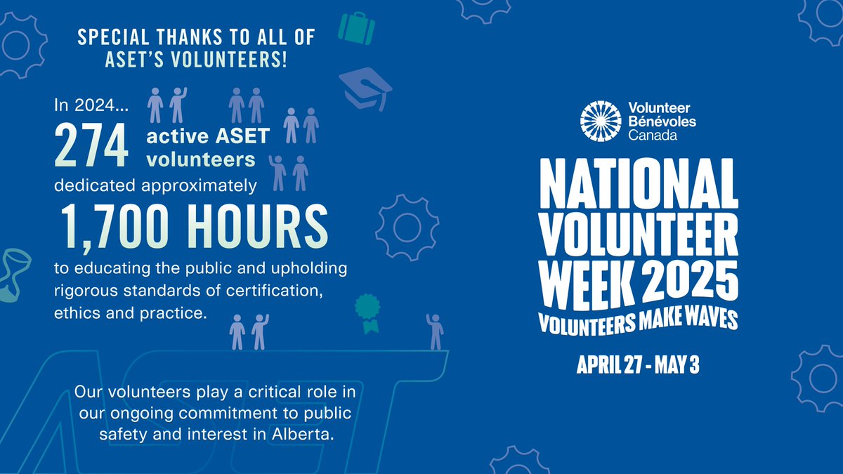 To celebrate #NationalVolunteerWeek, we express our heartfelt thanks for supporting our mission and vision for an Alberta with a commitment to technical expertise, professionalism, public safety and serving the public interest

For more information aset.ab.ca/Volunteering