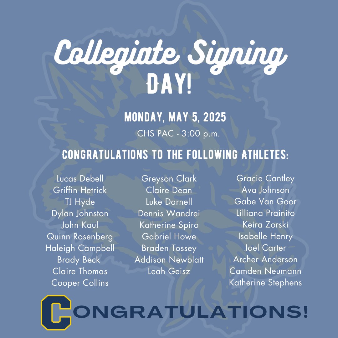 Hey Wolves!  
Please join us as we celebrate 30 Student-Athletes who have committed to play at the collegiate level and will be signing their National Letter of Intent.   This celebration will take place on Monday, May 5th at 3:00pm in the PAC. Congratulations!  Go Wolves!