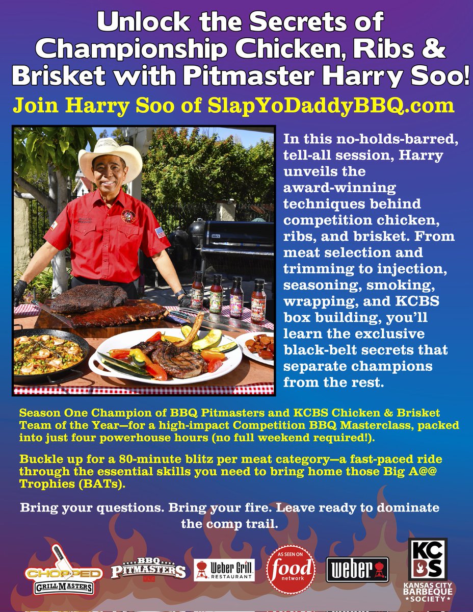 SlapYoDaddyBBQ's tweet photo. Join BBQ Pitmasters Champion Harry Soo for a no-holds-barred BBQ Masterclass this Satat Modern BBQ Supply in Boise, IF!
In just 4 hours, learn how to cook competition-ready chicken, ribs & brisket from one of the best!
#HarrySoo #SlapYoDaddyBBQ #BBQMasterclass #KCBS https://t.co/hVOAyCQdop