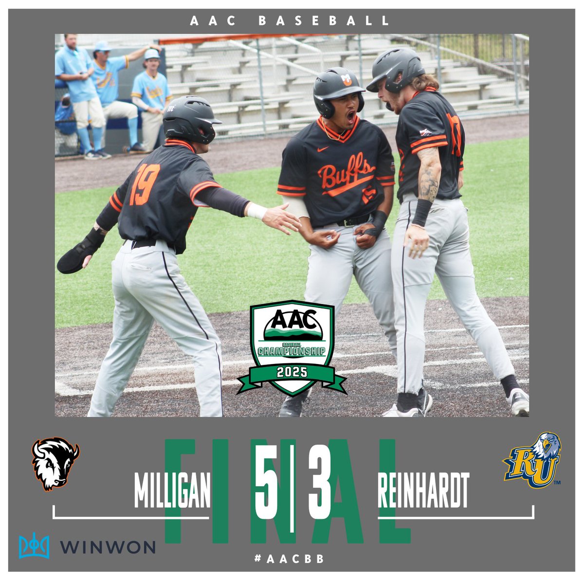AAC Sports (@aacsports) on Twitter photo โพ๏ธFINAL
Brody Melton had a 3-run double as <a href="/MilliganBuffs/">Milligan University Athletics</a> knocked off top-seeded <a href="/RU_Eagles/">Reinhardt Athletics</a> in the <a href="/WinWonTech/">WinWon</a> #AACSB Tournament
RU will face <a href="/CIURams/">CIU Rams Athletics</a> tomorrow in an elimination game at 9 am, while Milligan will play the RU-CIU winner at 3 pm on Friday
#NAIABaseball โพ๏ธFINAL
Brody Melton had a 3-run double as <a href="/MilliganBuffs/">Milligan University Athletics</a> knocked off top-seeded <a href="/RU_Eagles/">Reinhardt Athletics</a> in the <a href="/WinWonTech/">WinWon</a> #AACSB Tournament
RU will face <a href="/CIURams/">CIU Rams Athletics</a> tomorrow in an elimination game at 9 am, while Milligan will play the RU-CIU winner at 3 pm on Friday
#NAIABaseball