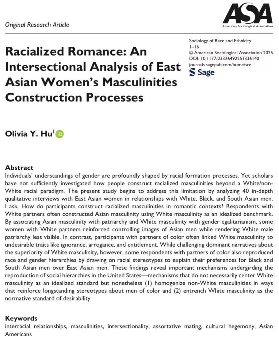 Olivia Y. Hu (@oliviayhu) on Twitter photo NEW PUB ALERT!!! 🚨 My paper shows how East Asian women in relationships w White, Black, and South Asian men construct racialized masculinities in romantic contexts. I reveal how these processes can both challenge and reinforce gender and racial hierarchies <a href="/SREJournal/">Sociology of Race & Ethnicity</a> #Sociology NEW PUB ALERT!!! 🚨 My paper shows how East Asian women in relationships w White, Black, and South Asian men construct racialized masculinities in romantic contexts. I reveal how these processes can both challenge and reinforce gender and racial hierarchies <a href="/SREJournal/">Sociology of Race & Ethnicity</a> #Sociology