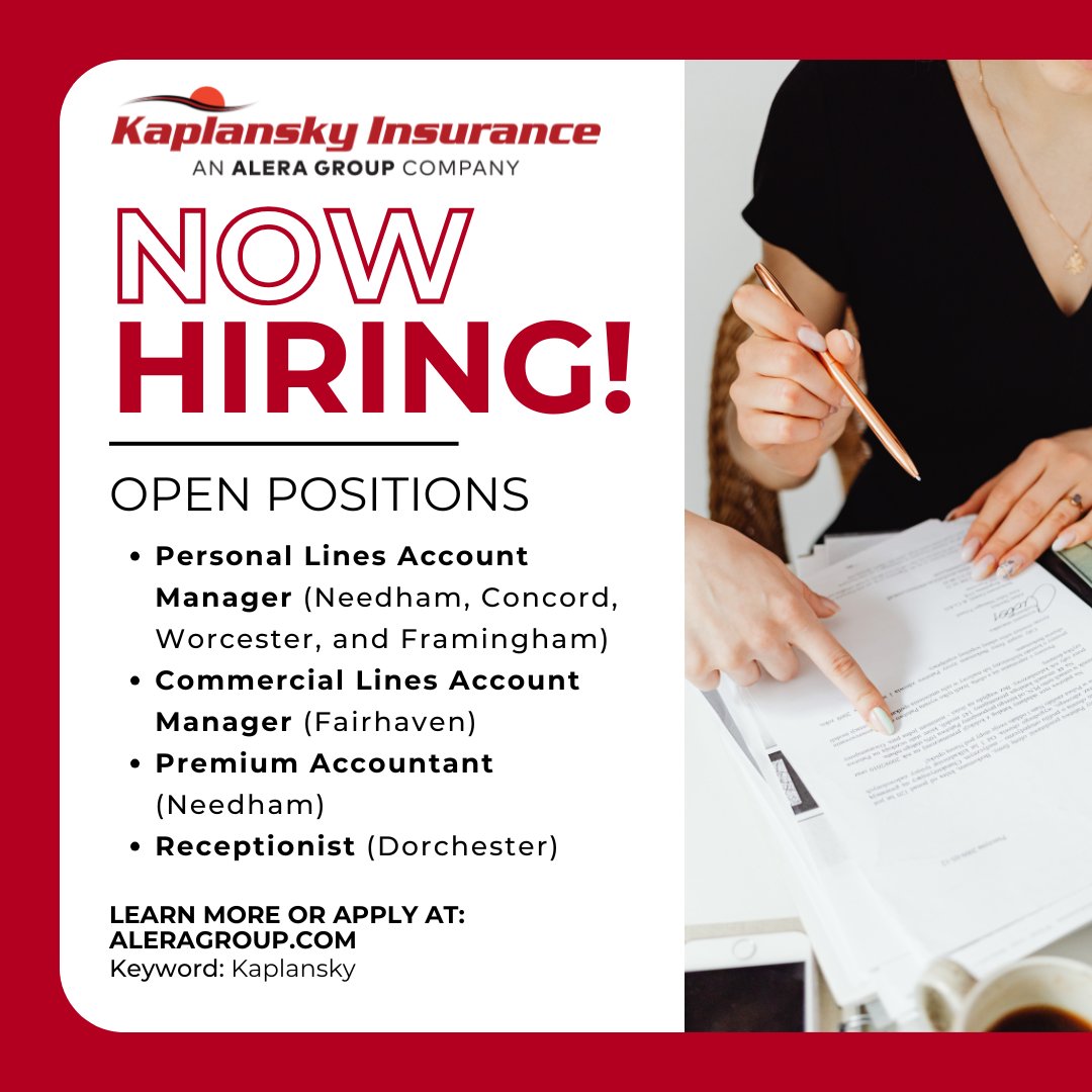 📢 We’re hiring! Kaplansky Insurance, an Alera Group Company, is growing across Massachusetts!
💼 Account Managers, Accountants &amp; Receptionists
🔗 Apply now at aleragroup.com | Keyword: Kaplansky

#NowHiring #JobAlert #KaplanskyInsurance #AleraGroup #JoinOurTeam