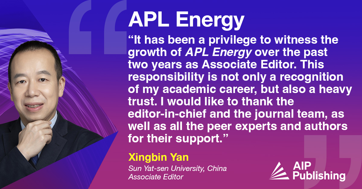 Associate Editor, Xingbin Yan, thanks the @APLEnergy editorial team on the journal's second anniversary!🎊 
Learn more about the editors: aippub.org/42XdKlM
