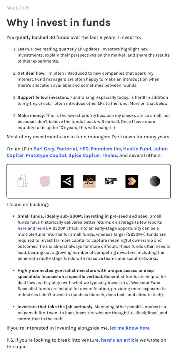 I’ve quietly invested in 30 funds over the last 8 years.

Here's what I focus on and why.

(if you want to co-invest with me as an LP, see the next tweet)