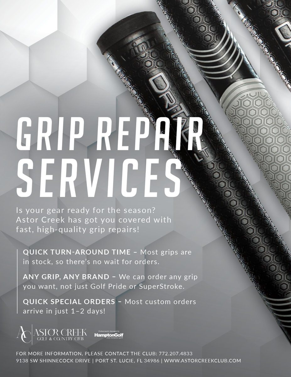 Is your gear ready for the season? Astor Creek has got you covered with fast, high-quality grip repairs!

For more information, please contact the club: 772.207.4833