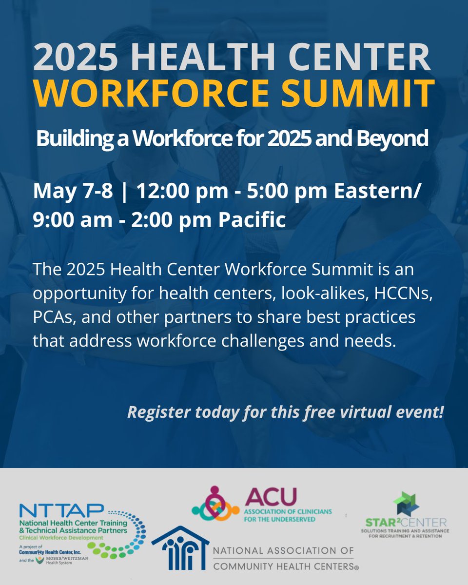It’s not too late to register for the 2025 Health Center Workforce Summit! Join us May 7–8 to explore solutions for recruitment, retention, and workforce well-being. Free and virtual. 
🔗 Register: bit.ly/2025HealthCent… 
 #ValueCHCs