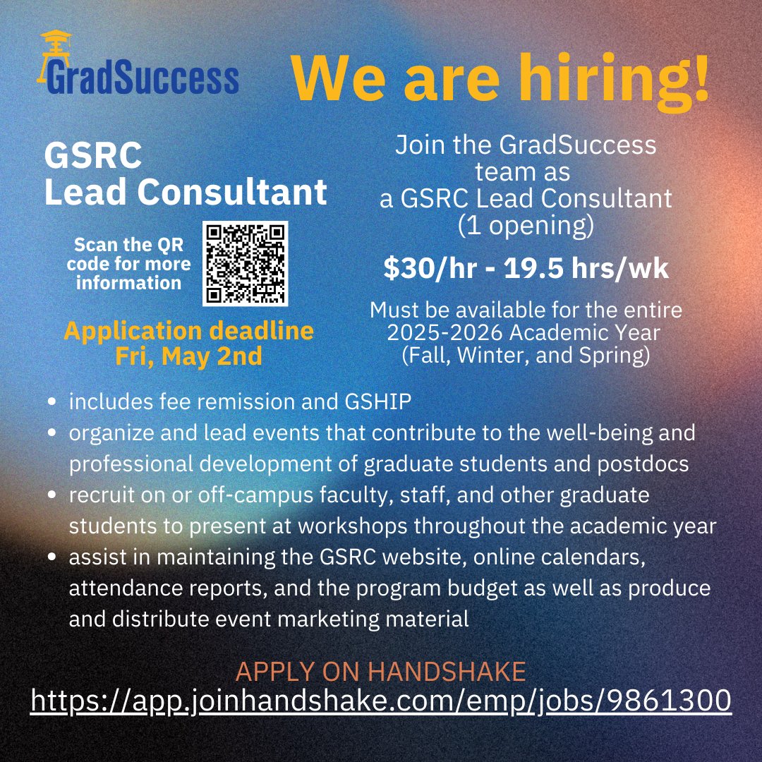 Now hiring for a GSRC Lead Consultant for the 2025-2026 academic year. This position is a Graduate Student Assistant (hourly; not union represented); $30/hour (maximum 19.5 hours/week) with GSHIP and fee fellowship (non-resident tuition is NOT included).  loom.ly/peB-CCA