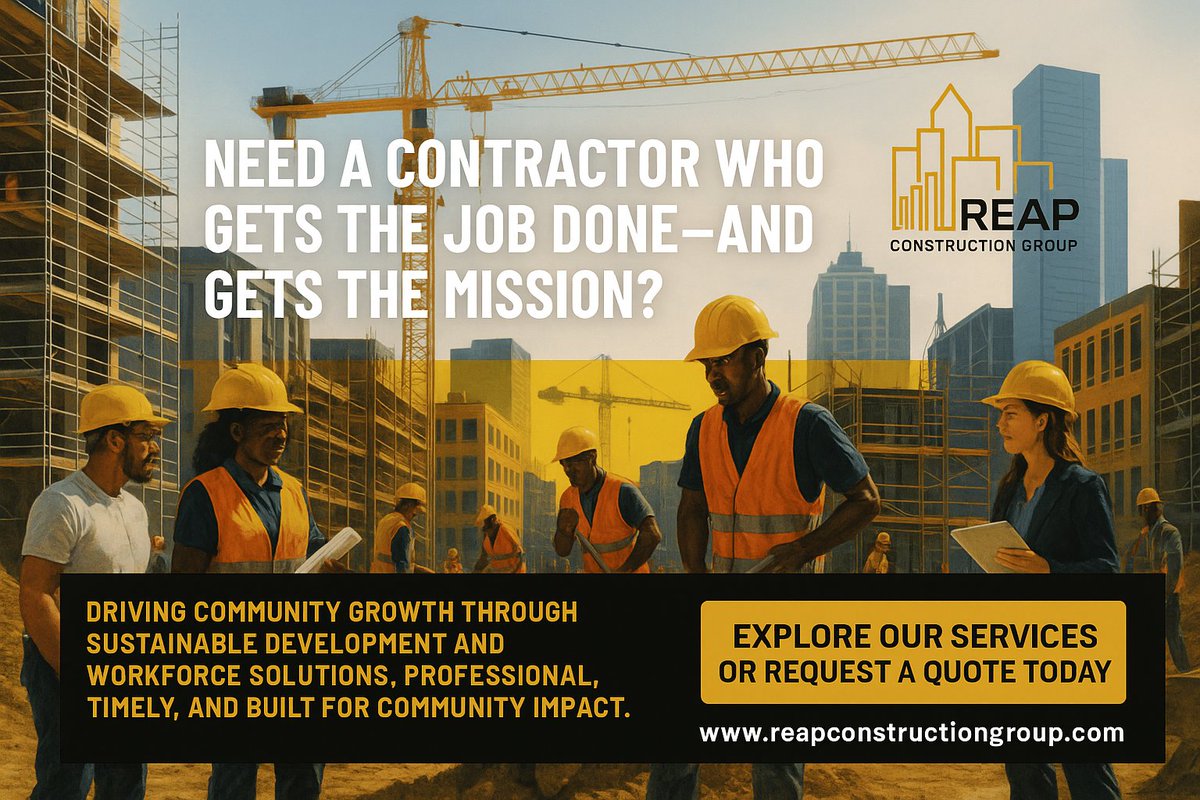 reap_cg's tweet image. We don’t just build structures — we build communities.
REAP Construction Group delivers on-time, mission-driven construction with purpose and professionalism.
👉 reapconstructiongroup.com
#BuildWithPurpose #REAPConstruction #CommunityBuilders