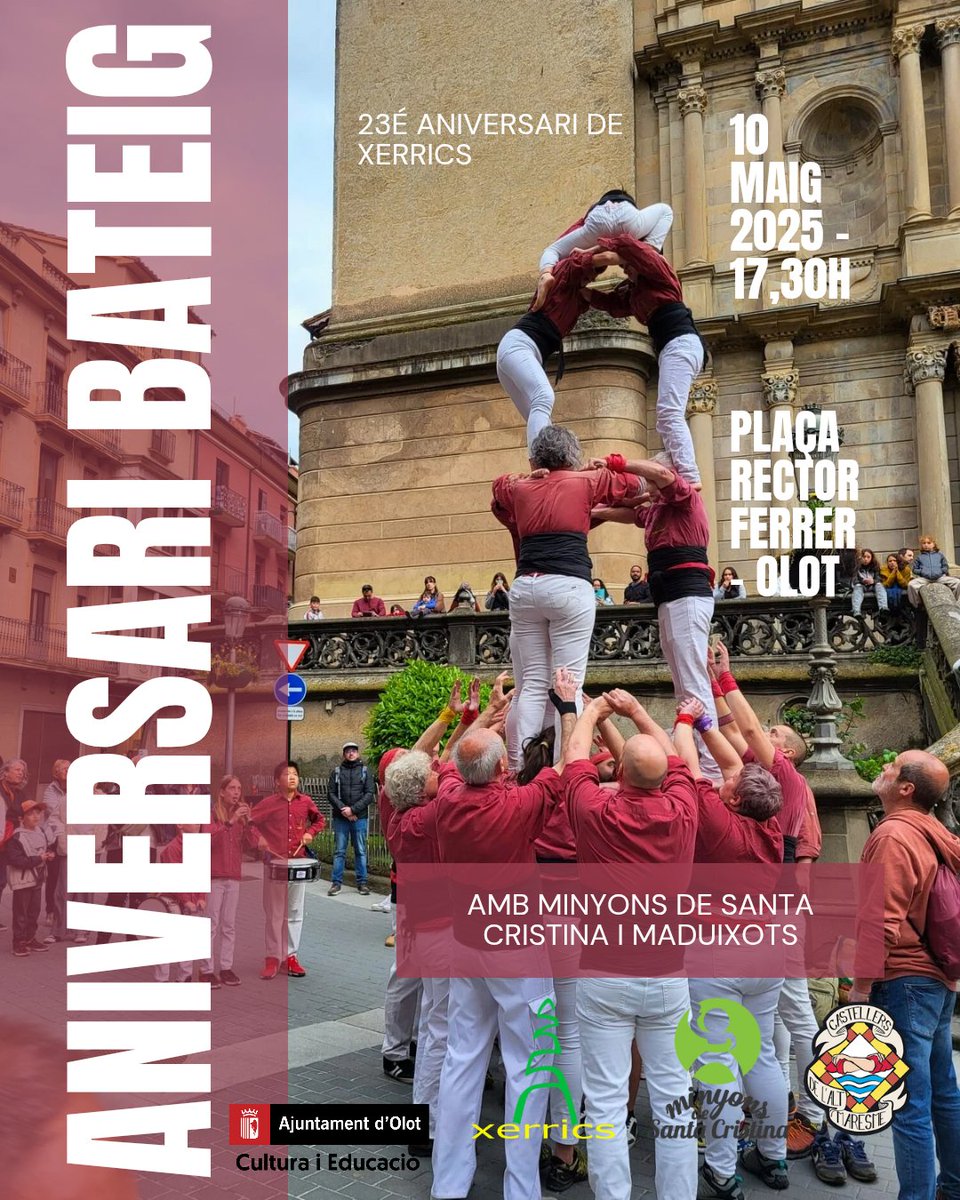 XerricsOlot's tweet image. El més de MAIG te activitat intensa.Tenim la mirada posada en el nostre ANIVERSARI, i ja en fem 23!L'aniversari del bateig serà dissabte 10 a les 17,30h a la Plaça Rector Ferrer d'Olot amb @minyonsdesc i @maduixots!

#diada #bateig #olot #castells #castellers #castelleres #músics