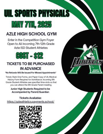 Sign up today and get your sport physical taken care of already for the 2025-2026 school year. Spots are limited, so purchase tickets today!