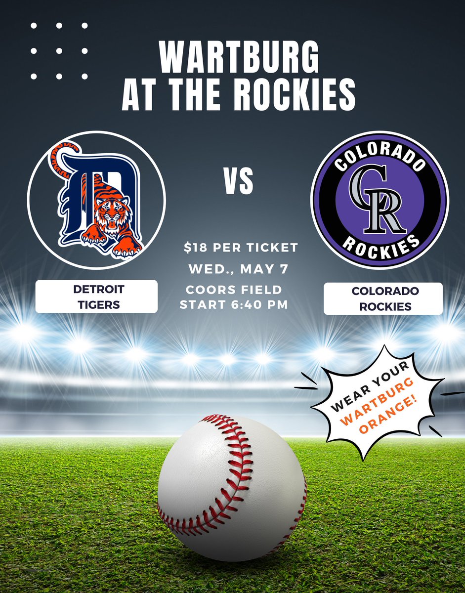 Join fellow Knights at Coors Field in Denver for the Colorado Rockies vs. Detroit Tigers on May 7. Just $18 secures your ticket and gets you on the big screens with the rest of the Wartburg group — be sure to wear your orange!

Get your tickets now at alumni.wartburg.edu/s/1563/16/inde….