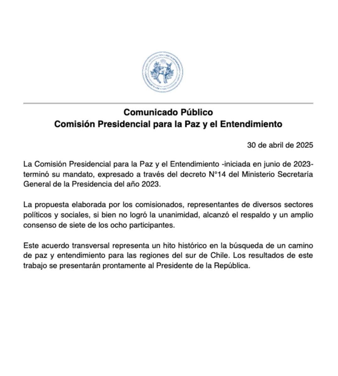 Este es un acuerdo histórico. Vaya mi más alto reconocimiento al invaluable trabajo desarrollado, durante estos meses, por las comisionadas y los comisionados quienes lograron un amplio consenso por Chile. Pronto entregarán su valioso trabajo al Presidente <a href="/GabrielBoric/">Gabriel Boric Font</a>