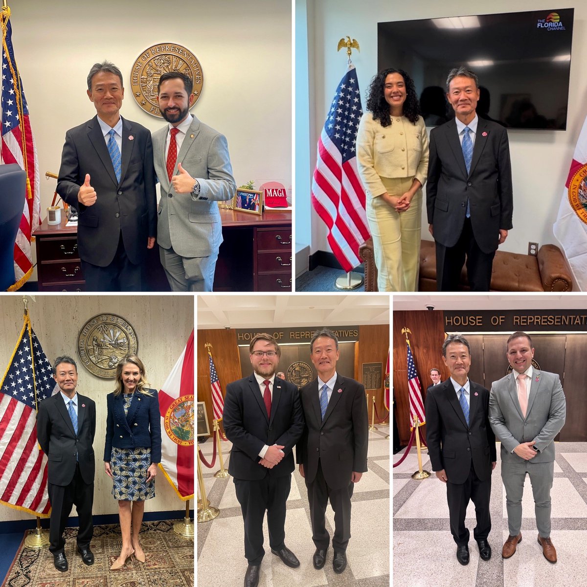 4/30: Florida State Legislature passed resolutions SSR 1894 and HR 8093 honoring Japan-Florida ties. CG Nakano met <a href="/JuanPorrasFL/">Juan C. Porras</a>, <a href="/AlexisMCalatayu/">Alexis Calatayud</a>, Rep. Canady and Rep. Redondo, thanked them for their support, and both sides agreed to continue strengthening bilateral relations.