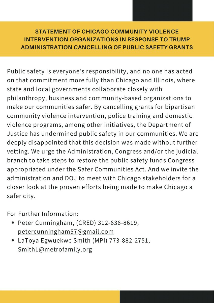 Read below a Statement of Chicago Community Violence Intervention Organizations In Response to Trump Administration Cancelling of Public Safety Grants.