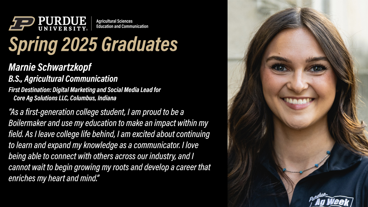 Purdue ASEC (@purdueasec) on Twitter photo Please join us in recognizing our <a href="/PurdueAg/">Purdue Agriculture</a> May graduates. Today, we congratulate Marnie Schwartzkopf, #PurdueAgCom, who will be Digital Marketing and Social Media Lead for Core Ag Solutions, LLC. bit.ly/4luxhkP Please join us in recognizing our <a href="/PurdueAg/">Purdue Agriculture</a> May graduates. Today, we congratulate Marnie Schwartzkopf, #PurdueAgCom, who will be Digital Marketing and Social Media Lead for Core Ag Solutions, LLC. bit.ly/4luxhkP