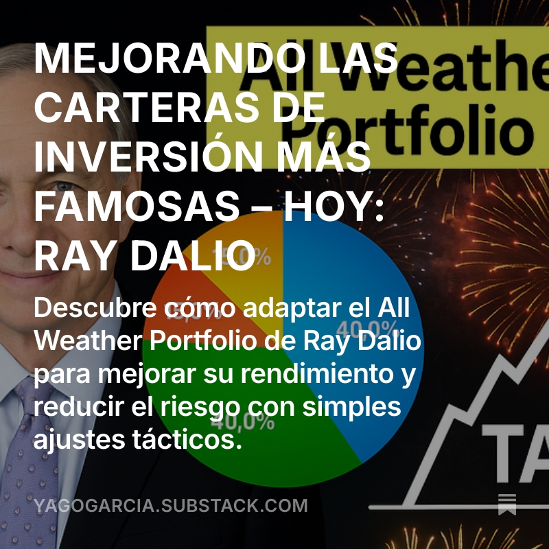 YagoGarciiia_'s tweet photo. 📌 TACTICAL INVESTMENT

Tenéis disponible el nuevo post de la newsletter en el que podréis descubrir cómo adaptar el All Weather Portfolio de Ray Dalio para mejorar su rendimiento y reducir el riesgo con simples ajustes tácticos.

📎Link in bio https://t.co/D2vm1XYqNI