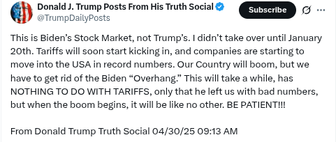 deff_jobbs's tweet image. One day after President Trump declared the Stock Market to be Joe Biden's, the NASDAQ has erased all losses on and since Liberation Day, and the S&P 500 is just a few points from doing the same.