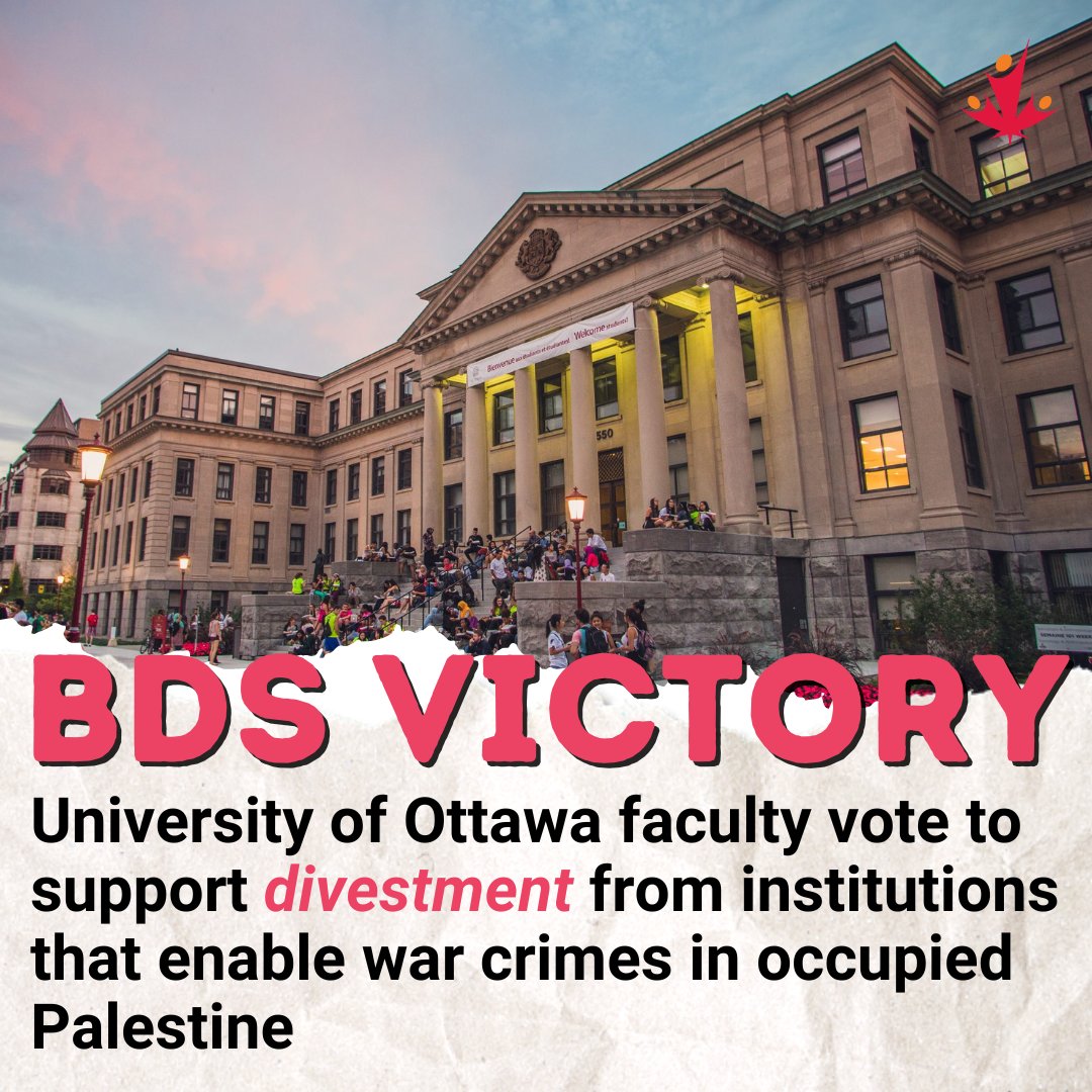 BDS victory: Yesterday, the Association of Professors of the University of Ottawa (<a href="/APUOtt/">APUO</a>), representing full-time professors and librarians, passed a motion calling on the university to divest from institutions and corporations “enabling human rights violations, war crimes, and
