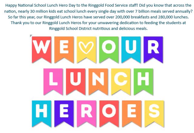 Tomorrow Friday May 2nd is School Lunch Hero Day, be sure to say thanks during lunchtime to all the fabulous people we have working hard everyday in our cafeterias serving our students breakfast and lunch!
