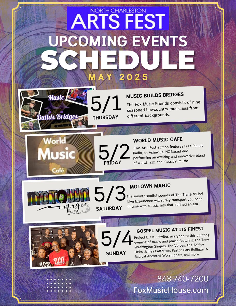 🎶🎉 Hey music lovers! 🎉🎶 Get ready for an epic weekend at Fox Music House with our friends from North Charleston Arts Fest! Amazing musicians &amp; great vibes await! 🌟 Don’t miss out! #LiveMusic #NorthCharlestonArtsFest #FoxMusicHouse
