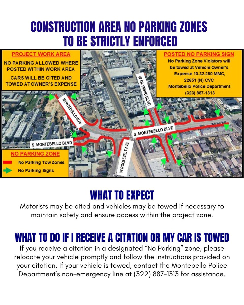 Attention <a href="/MontebelloCity/">City of Montebello</a>!📢

NO PARKING zones in place starting this Monday, May 5 through Winter 2028.

Vehicles parked in the construction area will be cited or towed. We appreciate your patience and cooperation as we work to improve your community infrastructure.
