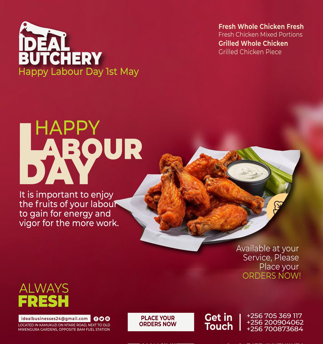 YoIdealButchery's tweet photo. It's important to enjoy the fruits of your labour to gain more energy and vigor for more work, enjoy labour day with a visit to Ideal Butchery, catch some bites and take some meat. 
#HappyInternationalLabourDay https://t.co/UMAlBd1UxL