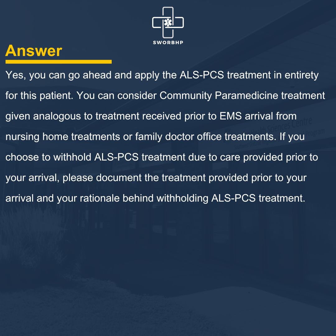 Today on our Ask MAC #highlight, we review a question asking whether or not it's okay to provide further care via the ALS PCS if a patient has already received care outside of the 911 system.

To review all of our Ask MAC Q&amp;As, please visit our website: sworbhp.ca