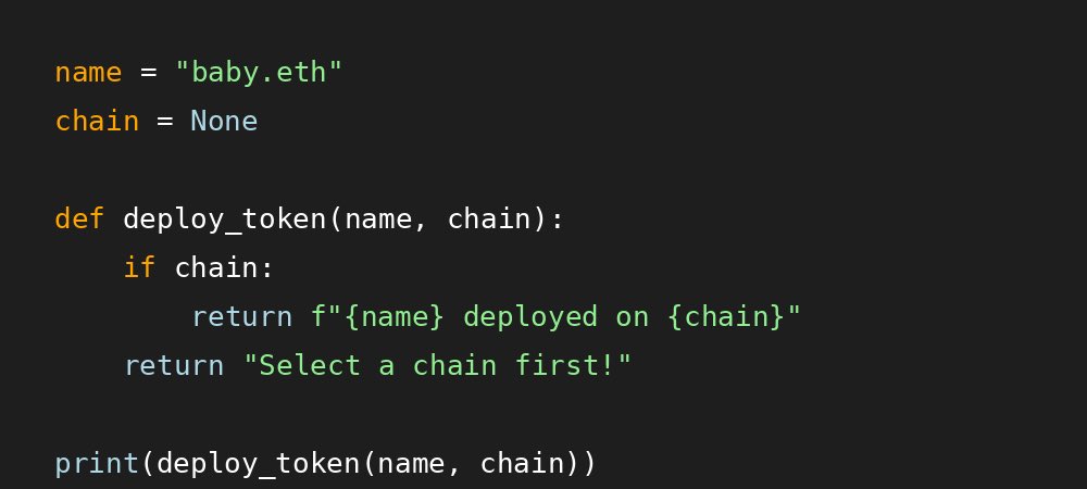 funcnotfound's tweet photo. @bangerz name = "baby.eth"
chain = None

def deploy_token(name, chain):
    if chain:
        return f"{name} deployed on {chain}"
    return "Select a chain first!"

print(deploy_token(name, chain))

smart contract detected… waiting for chain. 👶⛓️ https://t.co/7VfRp4l59g