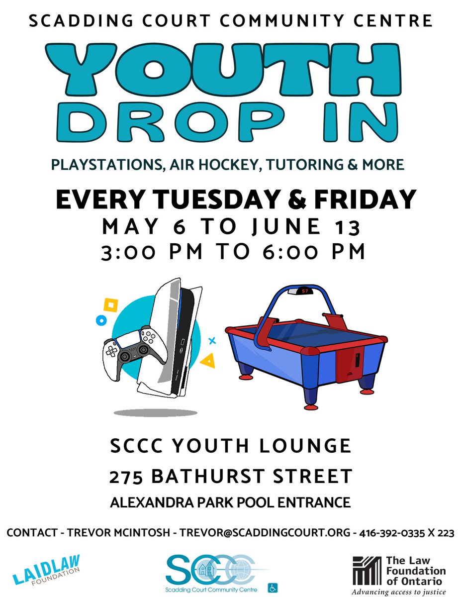 Youth Drop-in programs @ Scadding Court!
Drop-in for playstations, air hockey, tutoring and more!!
Lots of fun activities - 2 days a week.